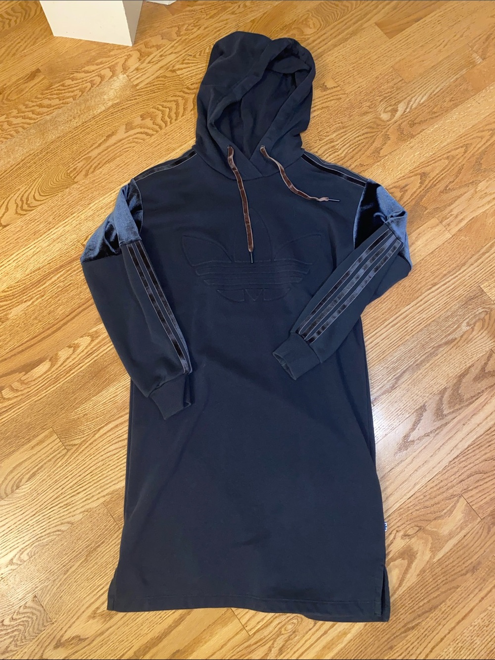 Adidas Navy Hooded Dress Velvet with Brown Drawstrings Size Small